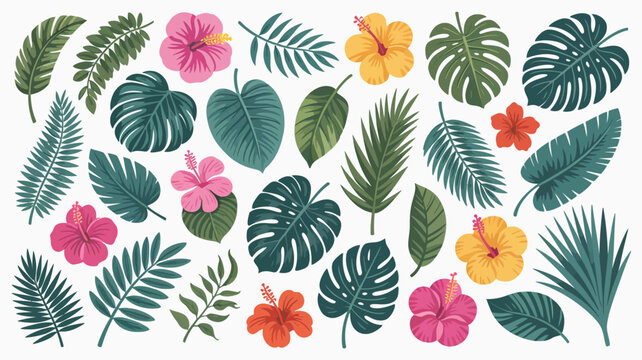 tropical leaves and flowers vector hibiscus monstera palm illustration pattern botanical nature green pink yellow red floral design graphic art background