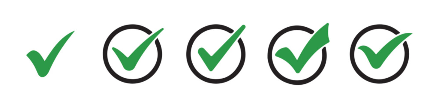Set of green check mark icons in black circles on transparent background vector illustration.