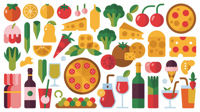 colorful food icons flat illustration pizza vegetables fruits cheese wine drinks tomato carrot broccoli orange cherry pattern diet nutrition healthy eating