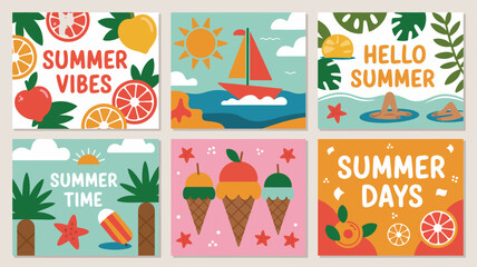 summer themed vector illustrations vibrant fruits ice cream sailboat sun beach palm tree seasonal holiday travel vacation tropical leisure fun colorful © rocky