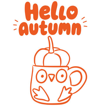 Autumn owl mug with pumpkin seasonal fall drink illustration