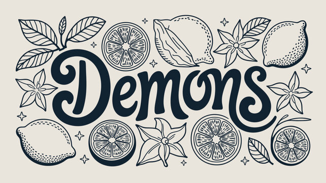 demons text with citrus fruits line illustration lemons limes anise starfruit black white beige background hand drawn graphic design food herbs spices