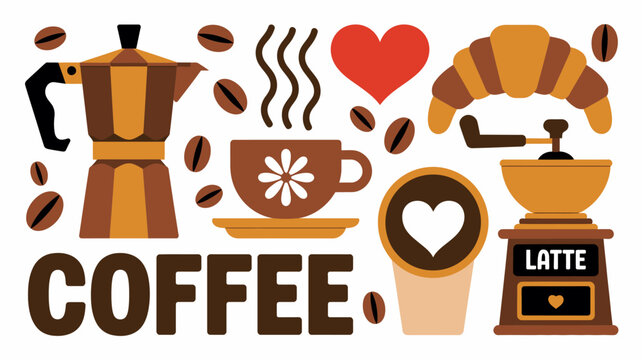 coffee themed vector illustration beans cup espresso pot croissant grinder heart flat design white background breakfast morning cafe aroma steaming latte