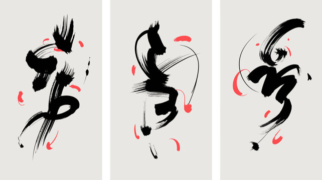 abstract brushstroke triptych artwork black red white background minimalist contemporary expressionism dynamic flowing gestural painting modern art visual composition creative aesthetic