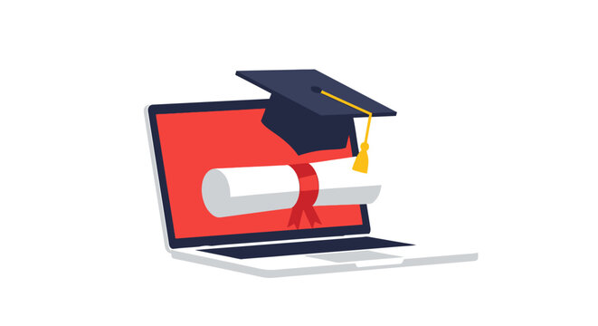 E-learning and Online Graduation Concept Featuring a Laptop, Graduation Cap, and Diploma Certificate - Achievement and Virtual Education Illustration