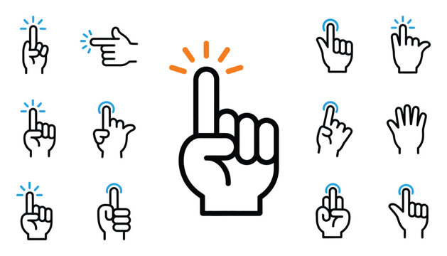 Hand cursor icon set with pointer and click symbols for user interface navigation, web interaction, digital control and touchscreen gesture design elements, vector, designs