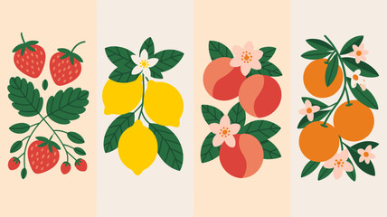 illustrated fruits and flowers vector lemons strawberries peaches oranges illustration botanical natural colorful graphic design pattern food produce organic fresh tropical © rocky