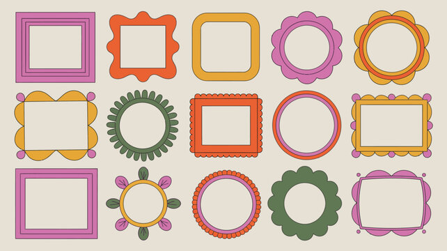 decorative frames vector illustration border ornament pattern design graphic element circle square rectangle flower petal scalloped striped colorful background transparent creative