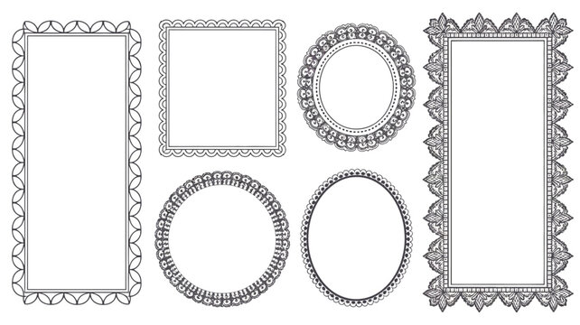 decorative frames vector illustration frame border ornate line art pattern design circle rectangle oval scalloped leaves dots graphic element template layout