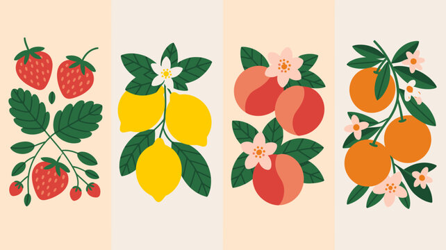 illustrated fruits and flowers vector lemons strawberries peaches oranges illustration botanical natural colorful graphic design pattern food produce organic fresh tropical