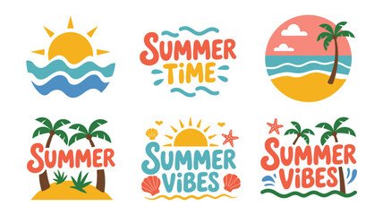 summer themed illustrations vector beach sun palm tree sea waves sand shell starfish text design graphic art seasonal holiday vacation travel © rocky