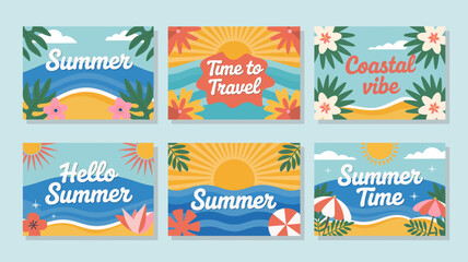 summer themed vector illustrations beach sun waves travel coastal vibe hello time tropical flowers umbrella leaves scenic background vacation holiday seasonal © rocky