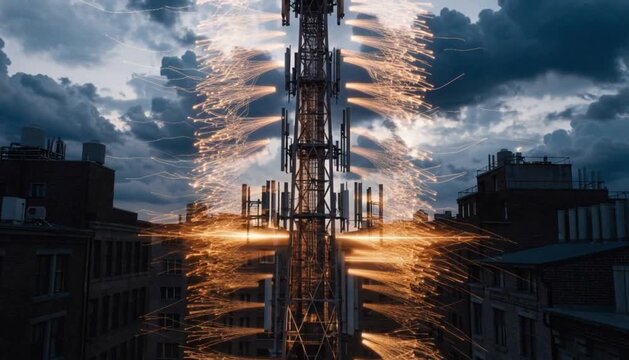 A towering telecommunications mast stands amidst a dense urban landscape, emitting radiant beams of golden energy waves representing high speed digital connectivity across the city skyline at twilight