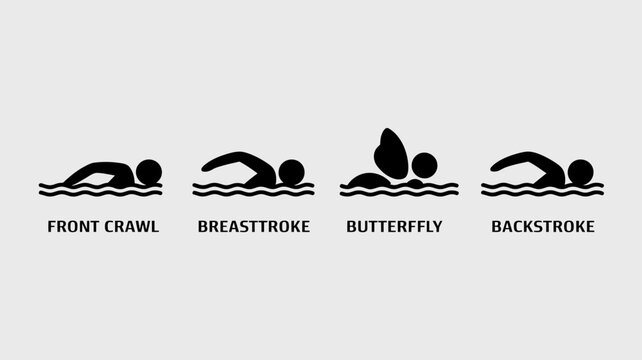 swimming strokes silhouettes on white background front crawl breaststroke butterfly backstroke swimmer black icon vector illustration sports fitness activity water exercise