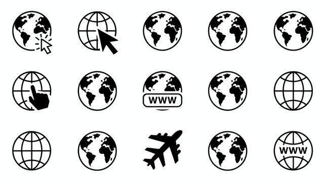 globe icons in flat black and white earth world planet map vector internet travel navigation global connection communication web www airplane