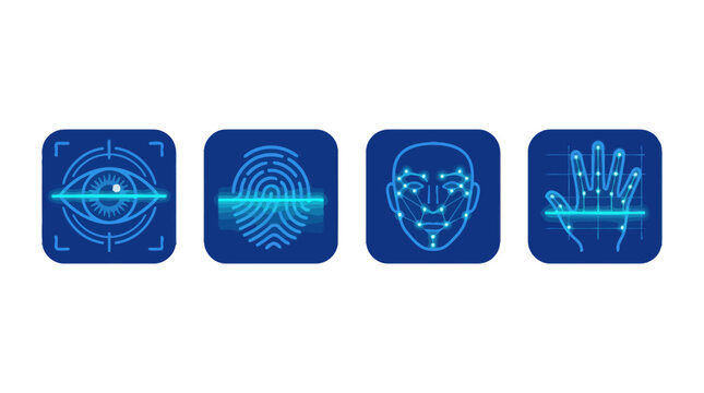 Biometric security icons showing eye iris and fingerprint scanning