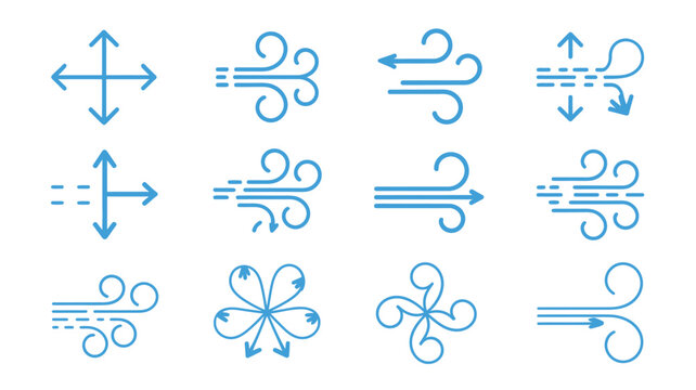 wind direction symbols line art arrows lines curls weather forecast meteorology climate vector illustration icon set blue white background simple clear