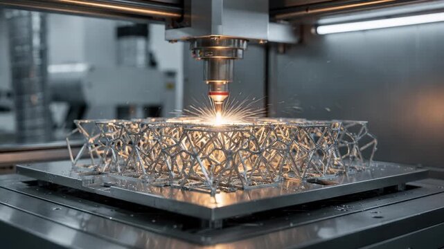 Medium shot of metal 3D printer fabricating intricate lattice structures with fine detail showcasing advanced additive manufacturing in industrial prototyping