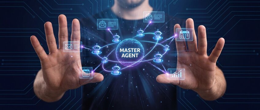 Man presenting virtual master agent interface with robotic network connections and data exchange icons floating between hands