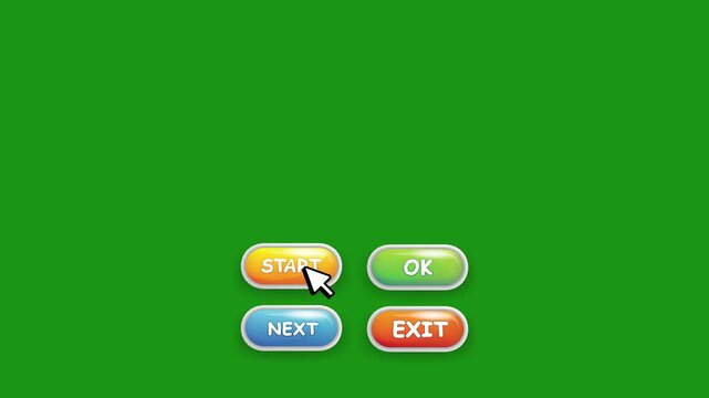 Animated game menu buttons with start, OK, and exit options on green screen background for gaming interfaces and interactive projects.