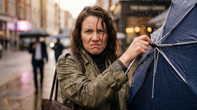 Drenched woman on a busy city street, her face contorted in sheer frustration wrestling a stubborn umbrella