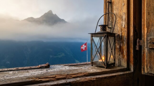Lantern on wood window with Swiss flag and mountain view