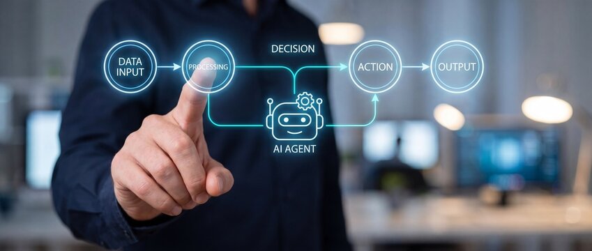 Man interacting with ai agent workflow diagram in office