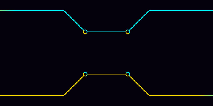 Symmetrical circuit path design with node points and cyan and yellow colors.