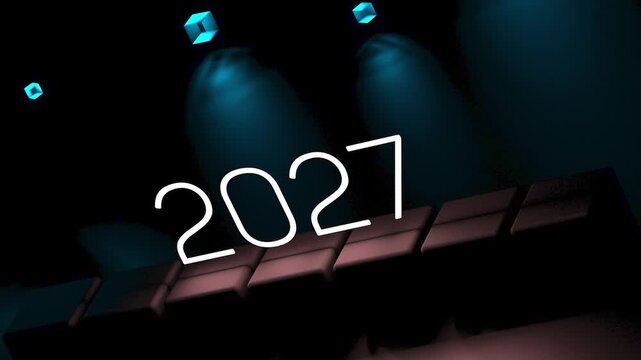 The year 2027 on neon-lit cubes. 2027 illuminated number, digits, and animation. 3D render.