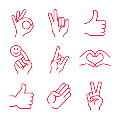Fototapeta premium Collection of nine red line hand gestures on white background