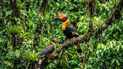 Obraz premium A male and female hornbill perch on a branch in a lush tropical forest.