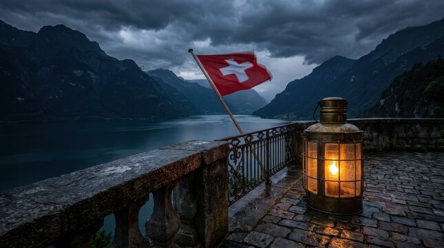 Swiss flag and lantern on stone balcony overlooking mountain lake