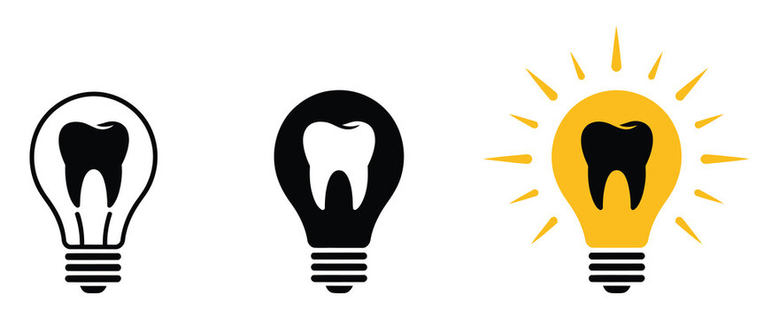 Light bulb icon set featuring tooth illustration symbols for dental care ideas, oral hygiene innovation, healthcare concept development and clinic solutions design, vector, designs