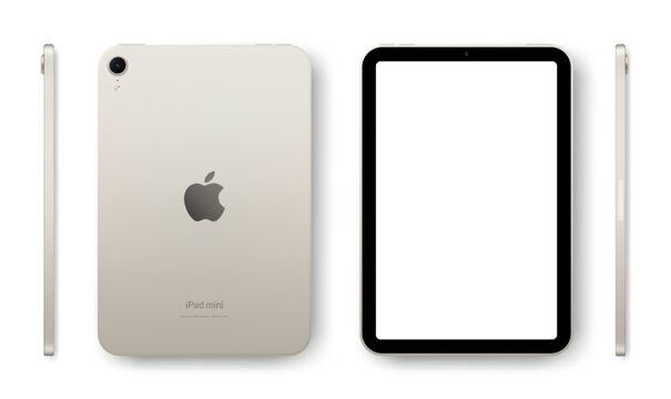 Photorealistic detailed Apple iPad Mini 7 A17Pro 8.3 inches 2024 Starlight mockup. Real dimentions. Front, rear and side views isolated on white background with shadows. Vector editorial illustration