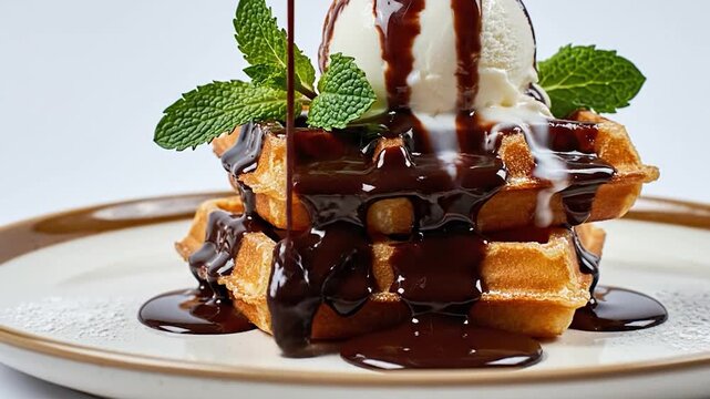Stack of Belgian waffles topped with vanilla ice cream and chocolate sauce on a plate with fresh mint