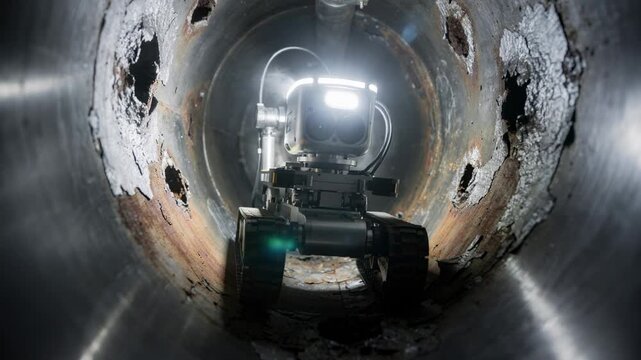 Medium shot of a handheld camera probe robot navigating narrow pipes capturing detailed footage of corrosion spots inside the reactor infrastructure