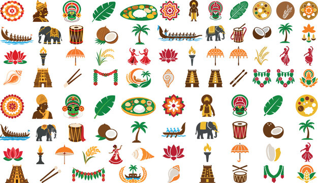 Onam Festival Icon Set Traditional Kerala Symbols Floral Pookalam Vector Collection