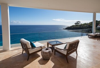 Fototapeta premium Luxury sunbeds on the terrace of a premium resort villa overlooking the blue ocean
