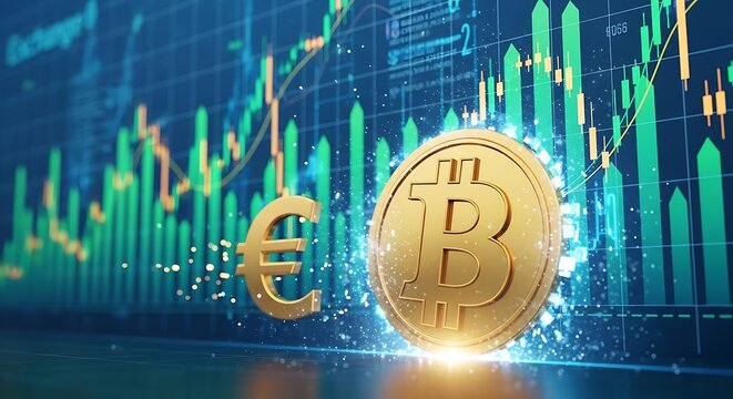 Digital Cryptocurrency Bitcoin and Euro Finance Trading Concept.