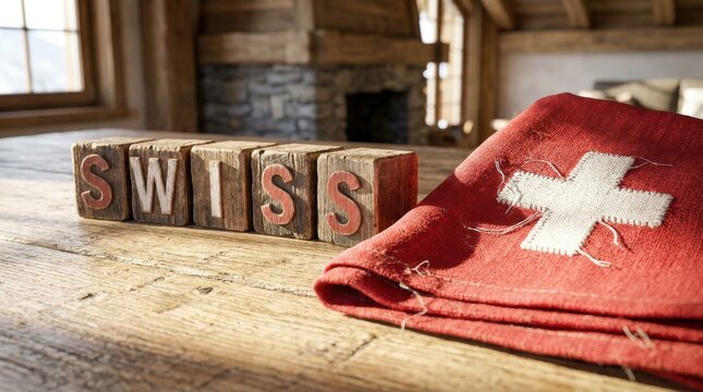 Wooden blocks spelling Swiss next to a red flag on a rustic table for travel branding.