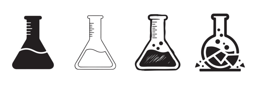 Chemical erlenmeyer flask icons showing solid line sketch and shattered styles. Laboratory equipment symbols for chemistry research and science experiments.