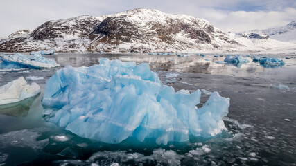 Blue glacier ice floating in a quiet fjord below snow-covered mountains and cloudy winter sky near Narsaq, Kujalleq, Greenland © vadim.nefedov