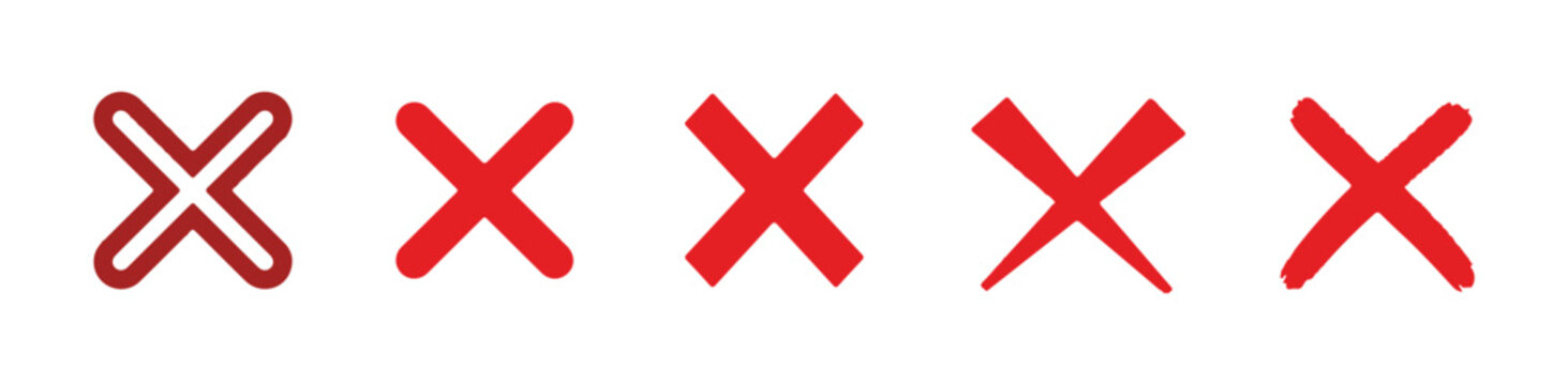 Set of red cross mark icons in different styles on transparent background simple design.