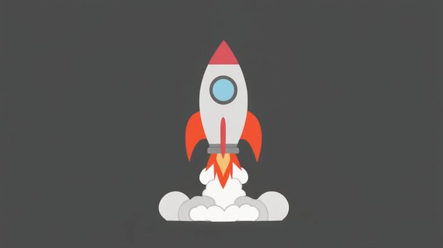 Rocket launch animation on dark grey background. Flat vector style spaceship with red fins and nose cone. Fire and smoke effects at base. Ideal for startup growth.