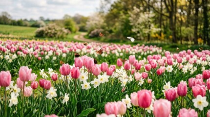 Fototapeta premium A vibrant field of tulips and daffodils stretches across a rolling green landscape.