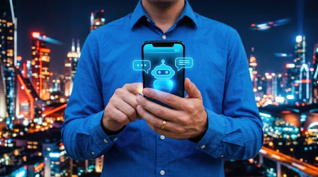 Robotic hand presenting artificial intelligence concepts with glowing gears and icons on a blue digital background