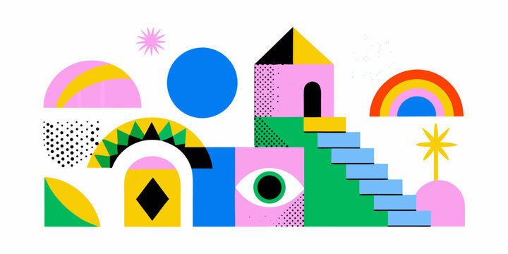 abstract geometric composition with colorful shapes and patterns on white background
