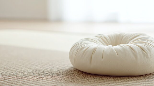 Peaceful meditation cushion on tatami mat, soft natural light, minimalist zen atmosphere, blurred neutral background