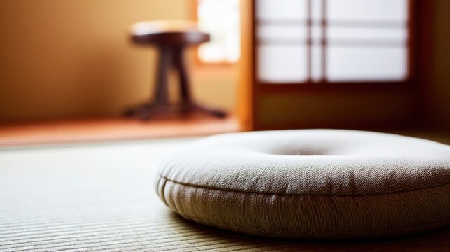 Close-up of meditation cushion on tatami, soft light zen minimalism, blurred background, quiet indoor practice, japanese style still life