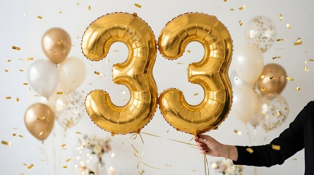 Golden foil number 33 balloons with confetti celebration concept